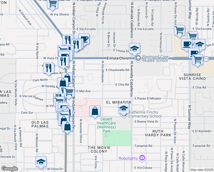 map of restaurants, bars, coffee shops, grocery stores, and more near 619 East Chia Road in Palm Springs