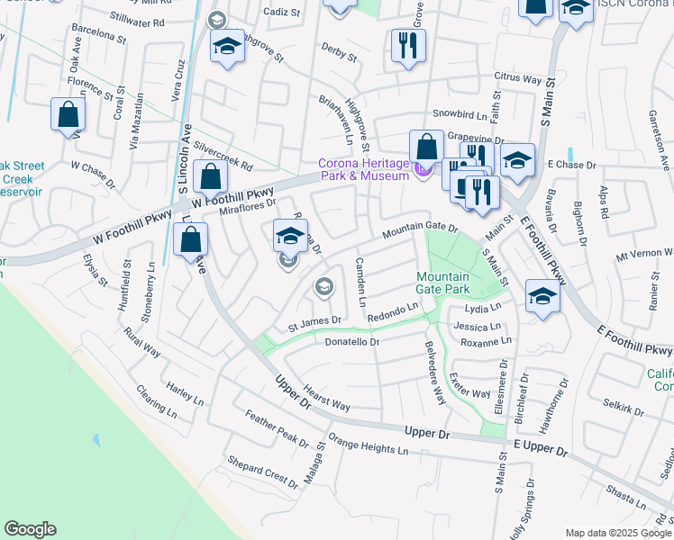 map of restaurants, bars, coffee shops, grocery stores, and more near 3280 Kentucky Lane in Corona