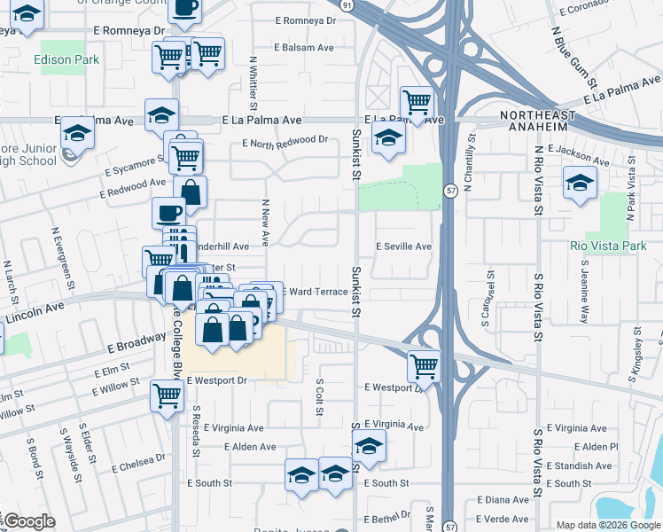 map of restaurants, bars, coffee shops, grocery stores, and more near 104 South Olympia Court in Anaheim
