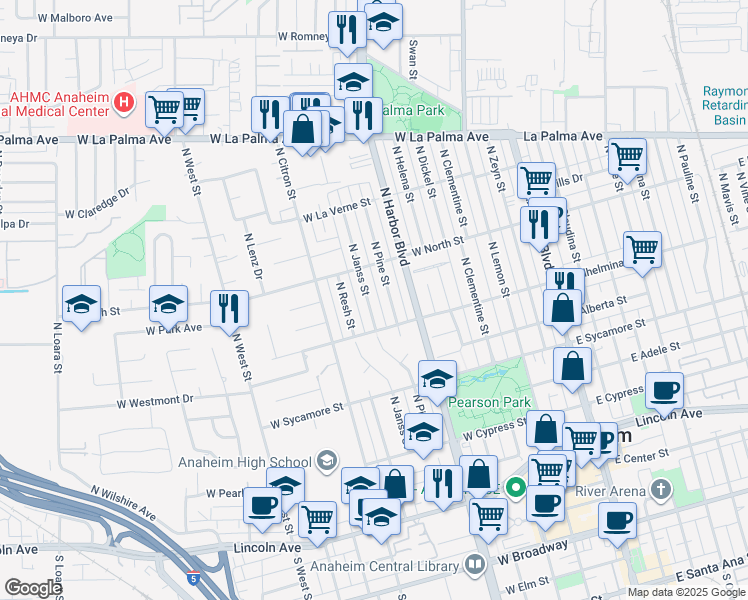 map of restaurants, bars, coffee shops, grocery stores, and more near 733 North Janss Street in Anaheim