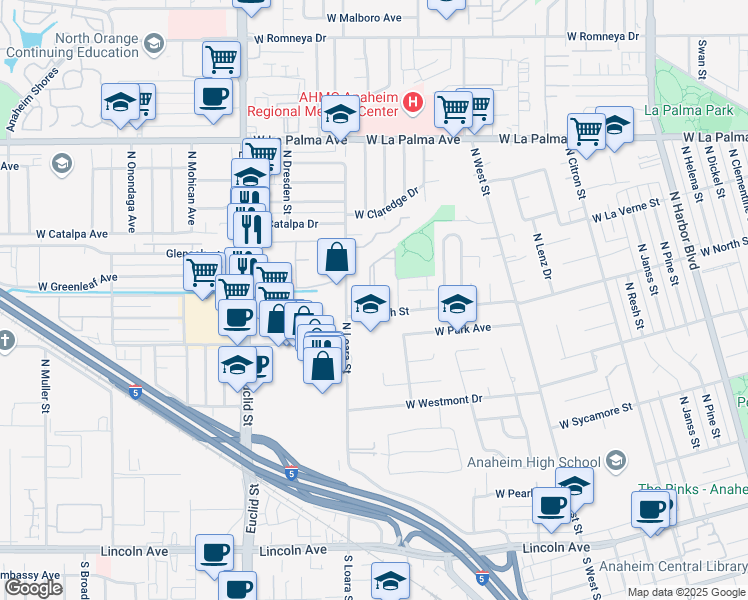 map of restaurants, bars, coffee shops, grocery stores, and more near 1415 West North Street in Anaheim