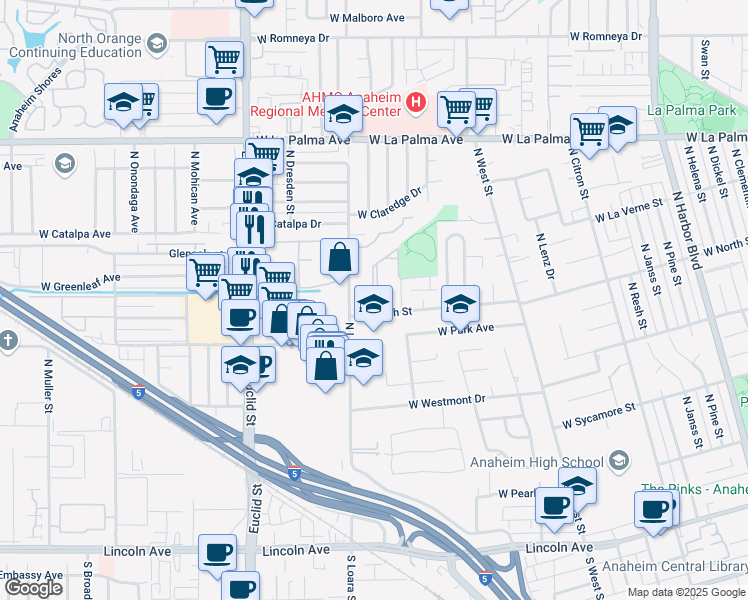 map of restaurants, bars, coffee shops, grocery stores, and more near 1415 West North Street in Anaheim