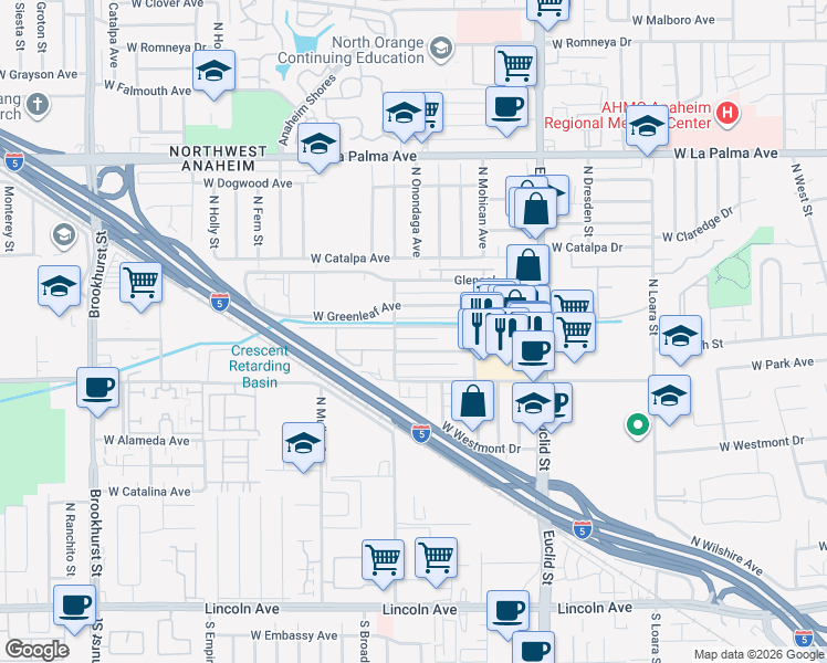 map of restaurants, bars, coffee shops, grocery stores, and more near 1821 West Gramercy Avenue in Anaheim