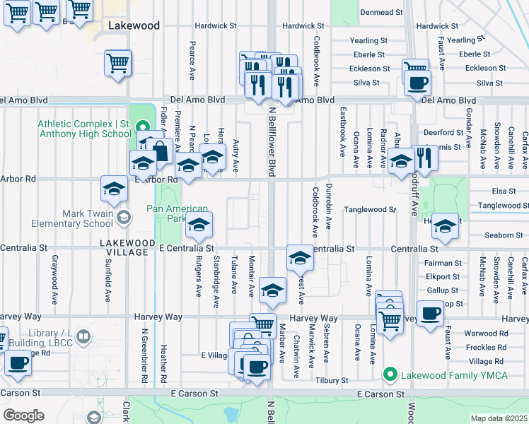 map of restaurants, bars, coffee shops, grocery stores, and more near 4602 North Bellflower Boulevard in Lakewood