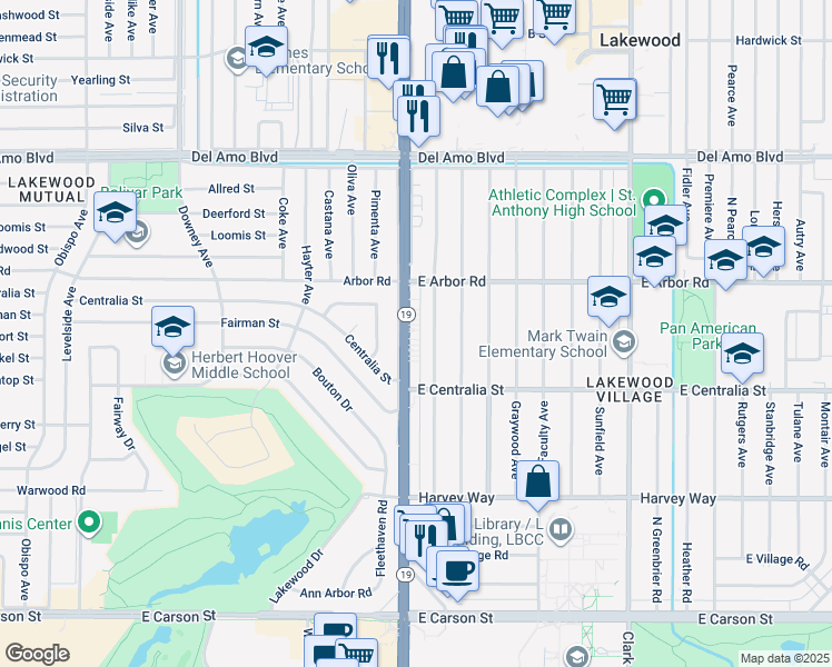 map of restaurants, bars, coffee shops, grocery stores, and more near 4601 Pepperwood Avenue in Long Beach