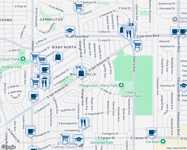 map of restaurants, bars, coffee shops, grocery stores, and more near 4559 North Banner Drive in Long Beach