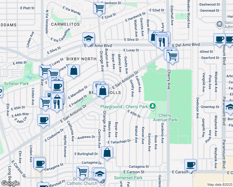 map of restaurants, bars, coffee shops, grocery stores, and more near 4559 North Banner Drive in Long Beach