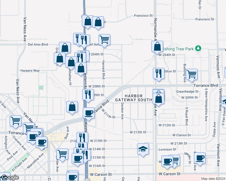 map of restaurants, bars, coffee shops, grocery stores, and more near 1523 Torrance Boulevard in Torrance