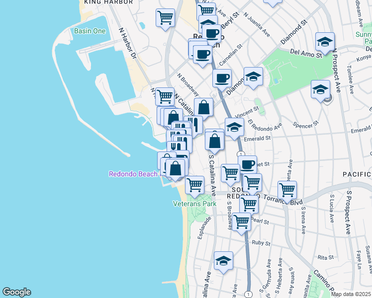 map of restaurants, bars, coffee shops, grocery stores, and more near 340 The Village in Redondo Beach