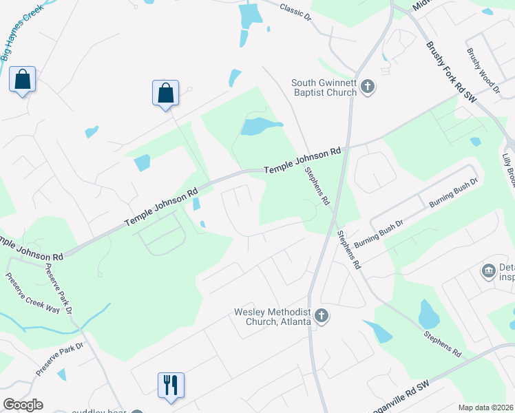map of restaurants, bars, coffee shops, grocery stores, and more near 1844 Stephens Pond View in Loganville