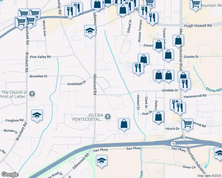 map of restaurants, bars, coffee shops, grocery stores, and more near 4339 Sasanqua Court in Tucker