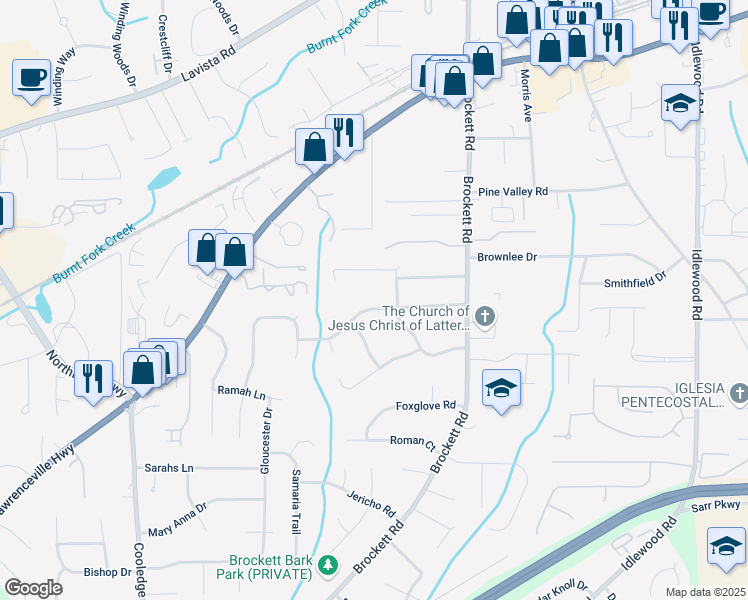 map of restaurants, bars, coffee shops, grocery stores, and more near 3944 Woburn Drive in Tucker