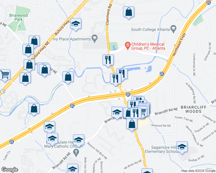 map of restaurants, bars, coffee shops, grocery stores, and more near 2900 Clairmont Road in Atlanta