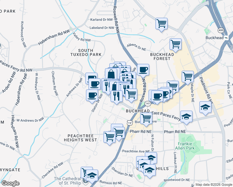 map of restaurants, bars, coffee shops, grocery stores, and more near 91 West Paces Ferry Road Northwest in Atlanta