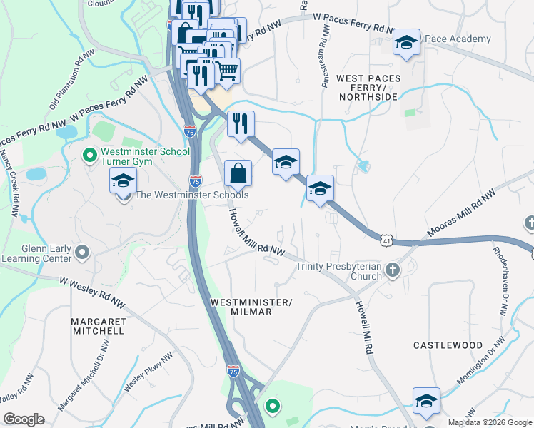 map of restaurants, bars, coffee shops, grocery stores, and more near 3201 Downwood Circle Northwest in Atlanta