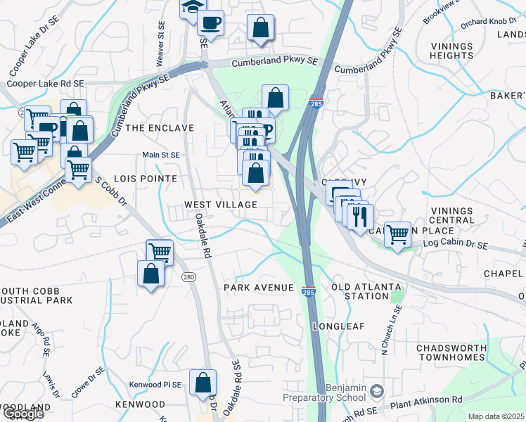 map of restaurants, bars, coffee shops, grocery stores, and more near 2292 West Village Junction in Smyrna
