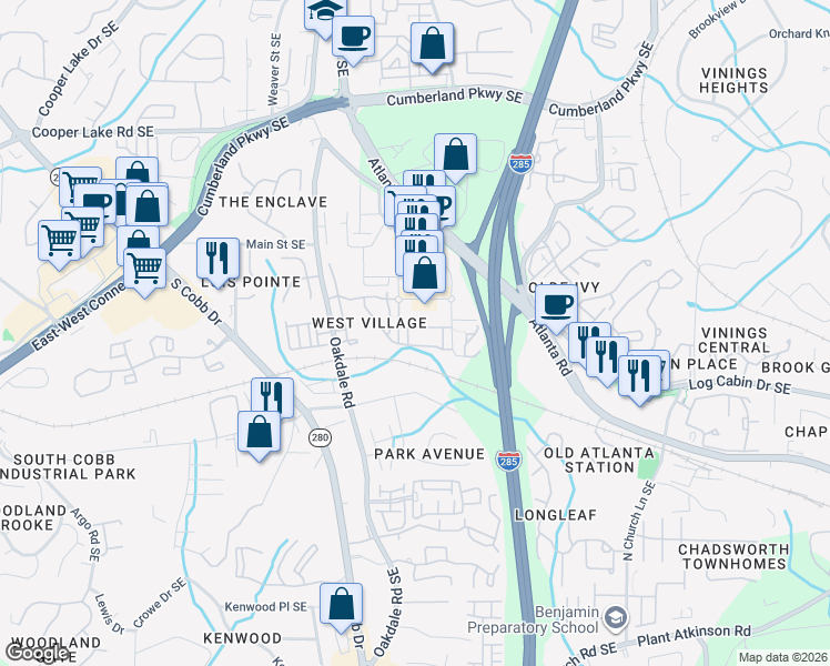 map of restaurants, bars, coffee shops, grocery stores, and more near 2238 West Village Junction in Smyrna