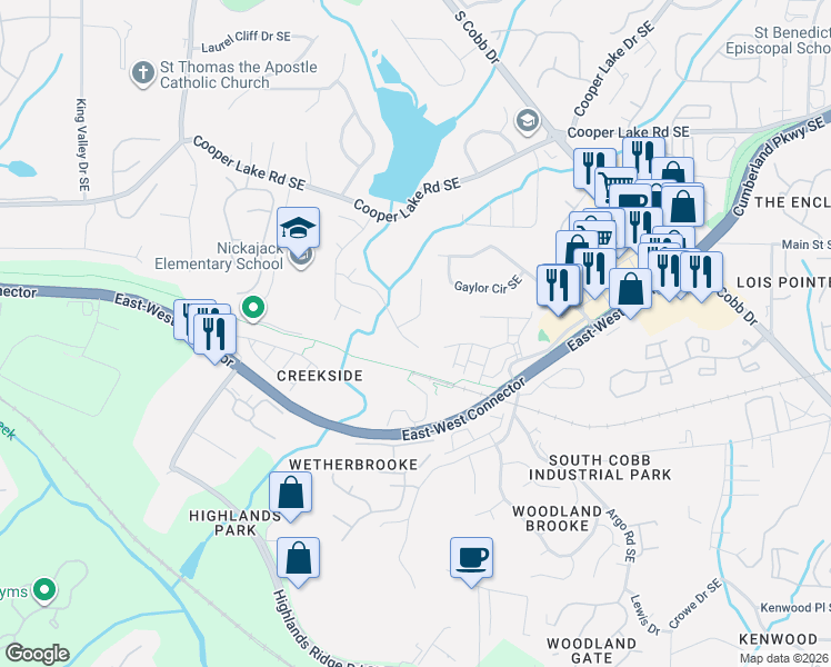 map of restaurants, bars, coffee shops, grocery stores, and more near 5110 Laurel Bridge Drive Southeast in Smyrna