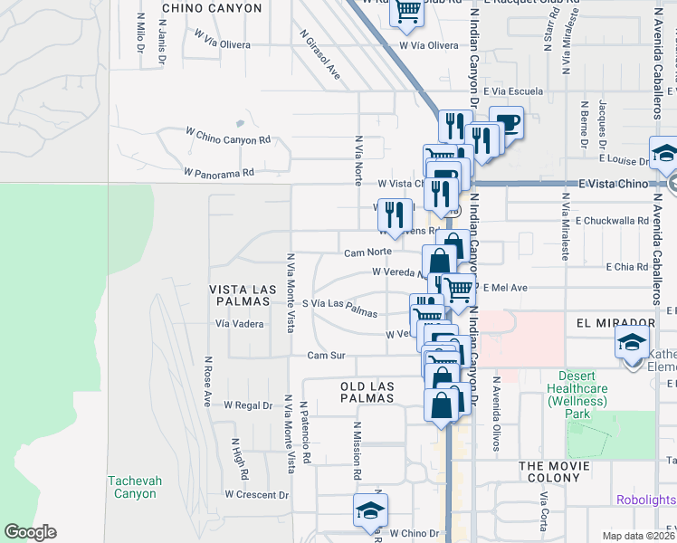 map of restaurants, bars, coffee shops, grocery stores, and more near 424 West Vereda Norte in Palm Springs