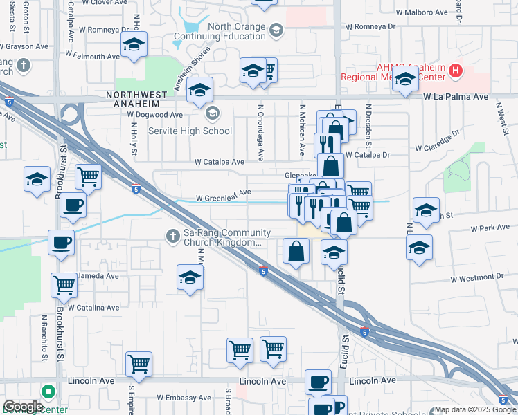 map of restaurants, bars, coffee shops, grocery stores, and more near 1827 West Gramercy Avenue in Anaheim