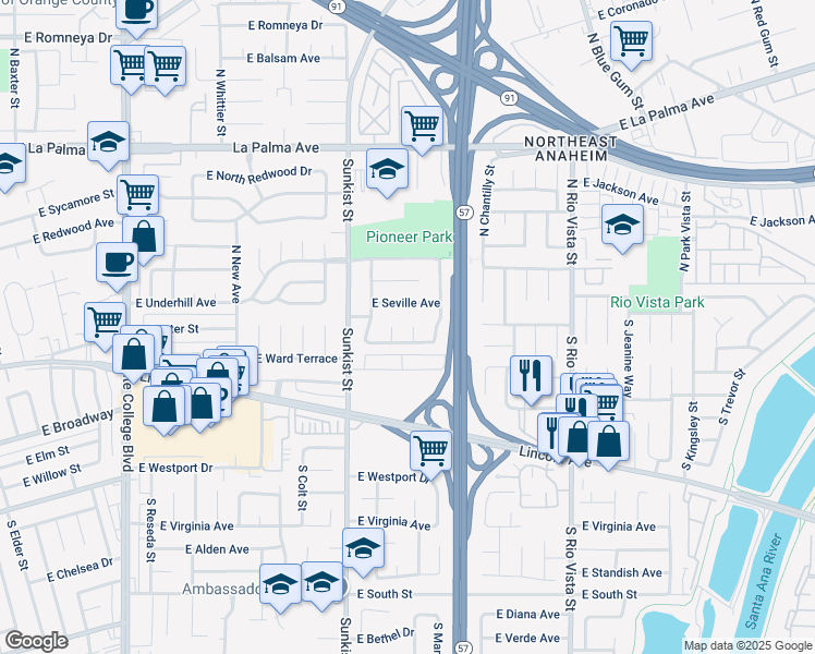 map of restaurants, bars, coffee shops, grocery stores, and more near 109 South Billie Jo Circle in Anaheim