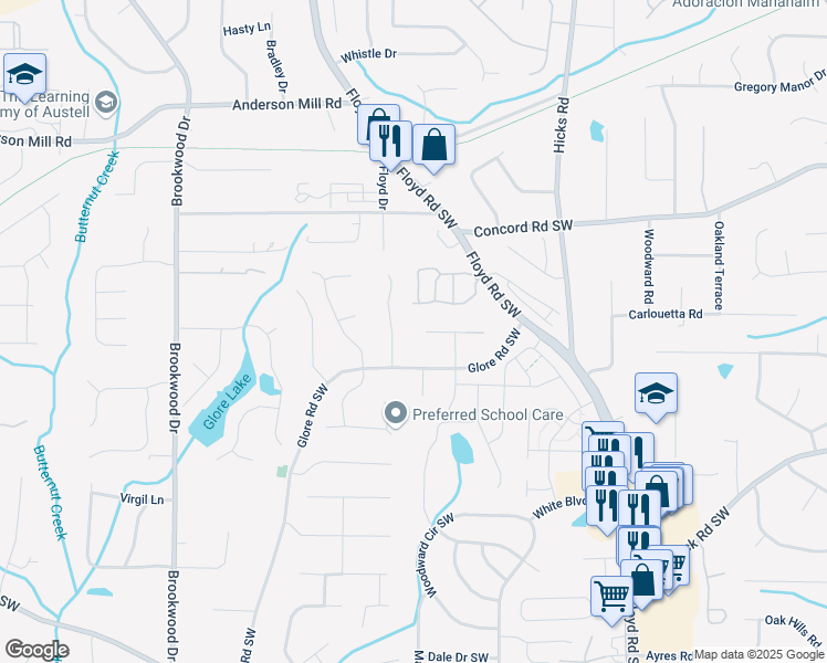 map of restaurants, bars, coffee shops, grocery stores, and more near 4595 Kinsdale Drive in Mableton