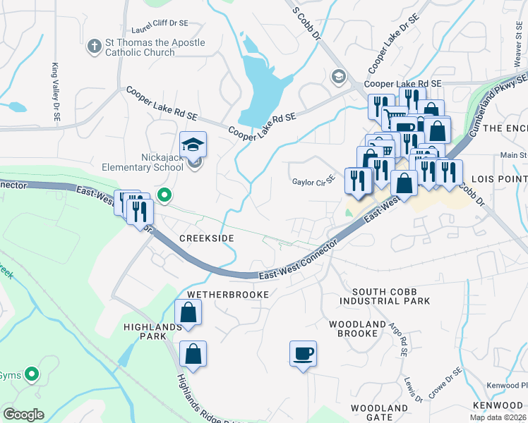 map of restaurants, bars, coffee shops, grocery stores, and more near 5110 Laurel Bridge Drive Southeast in Smyrna
