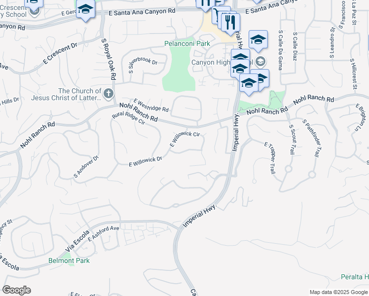map of restaurants, bars, coffee shops, grocery stores, and more near 5451 East Willowick Circle in Anaheim