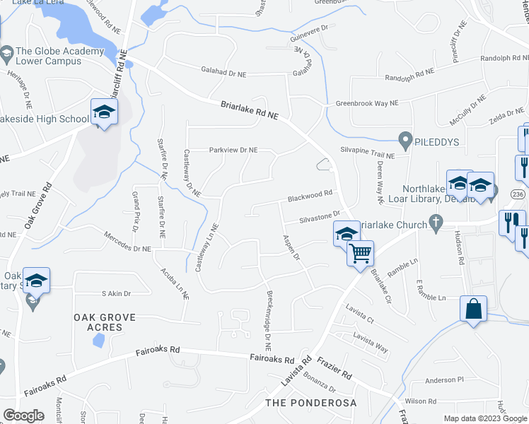 map of restaurants, bars, coffee shops, grocery stores, and more near 2780 Riviera Court in Decatur