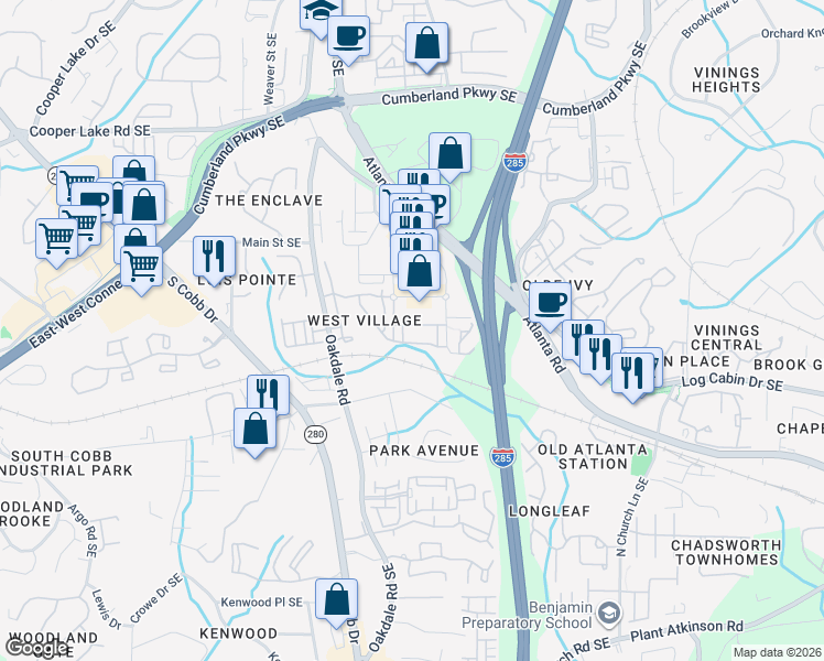 map of restaurants, bars, coffee shops, grocery stores, and more near 2244 West Village Junction in Smyrna