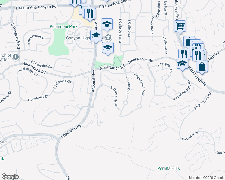 map of restaurants, bars, coffee shops, grocery stores, and more near 5836 East Trapper Trail in Anaheim
