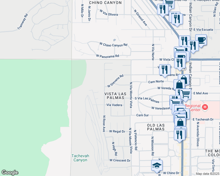 map of restaurants, bars, coffee shops, grocery stores, and more near 835 West Stevens Road in Palm Springs