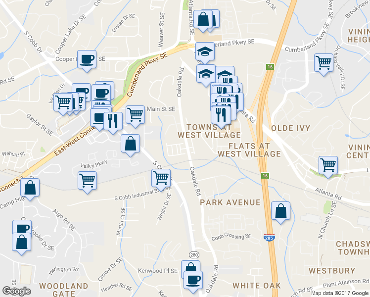 map of restaurants, bars, coffee shops, grocery stores, and more near 2060 Village Station Crossing Southeast in Smyrna