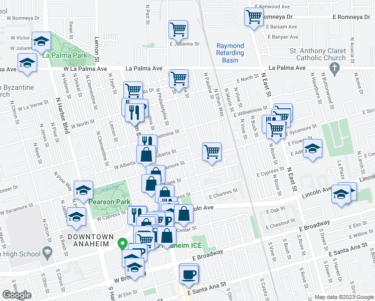 map of restaurants, bars, coffee shops, grocery stores, and more near 324 East Alberta Street in Anaheim