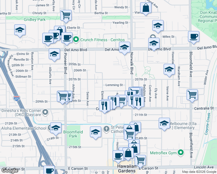 map of restaurants, bars, coffee shops, grocery stores, and more near 12022 Lemming St in Lakewood