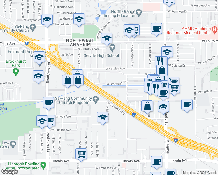 map of restaurants, bars, coffee shops, grocery stores, and more near 629 North Chippewa Avenue in Anaheim