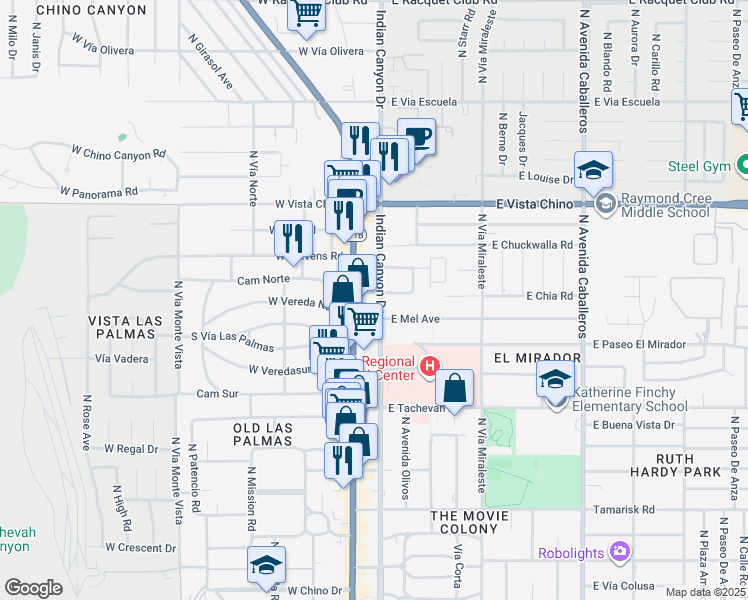 map of restaurants, bars, coffee shops, grocery stores, and more near in Palm Springs
