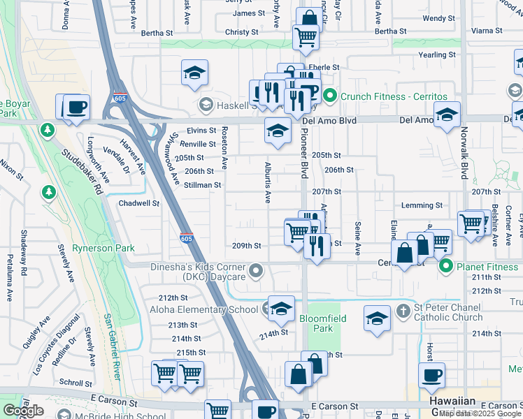 map of restaurants, bars, coffee shops, grocery stores, and more near 11659 208th St in Lakewood