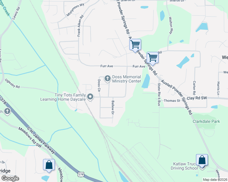 map of restaurants, bars, coffee shops, grocery stores, and more near 4530 Doss Circle in Powder Springs