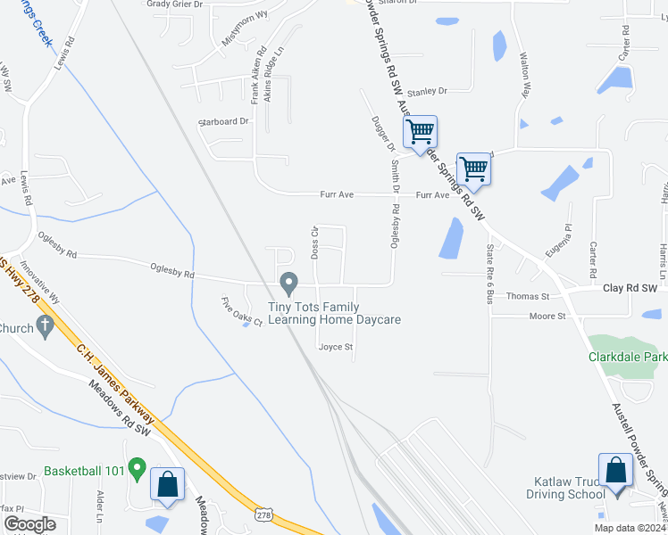 map of restaurants, bars, coffee shops, grocery stores, and more near 4545 Doss Circle in Powder Springs
