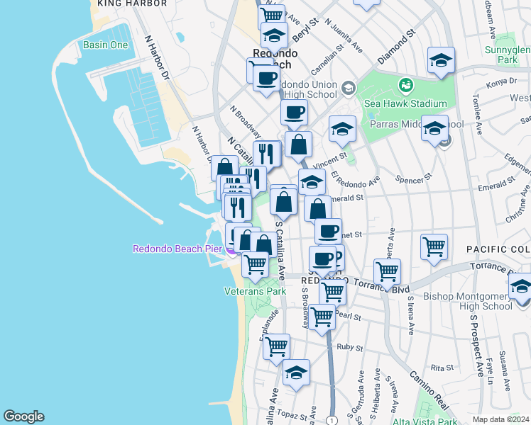 map of restaurants, bars, coffee shops, grocery stores, and more near in Redondo Beach