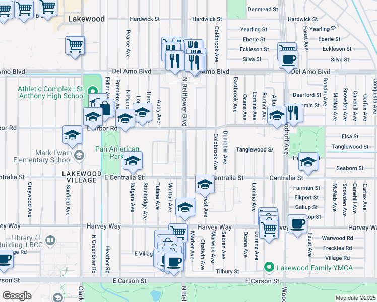 map of restaurants, bars, coffee shops, grocery stores, and more near 4602 Bellflower Boulevard in Lakewood