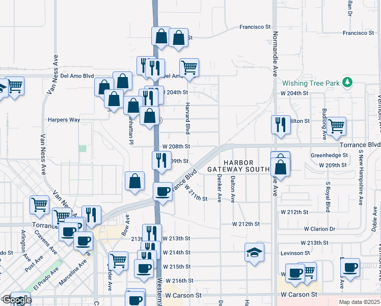 map of restaurants, bars, coffee shops, grocery stores, and more near 20814 Harvard Boulevard in Torrance