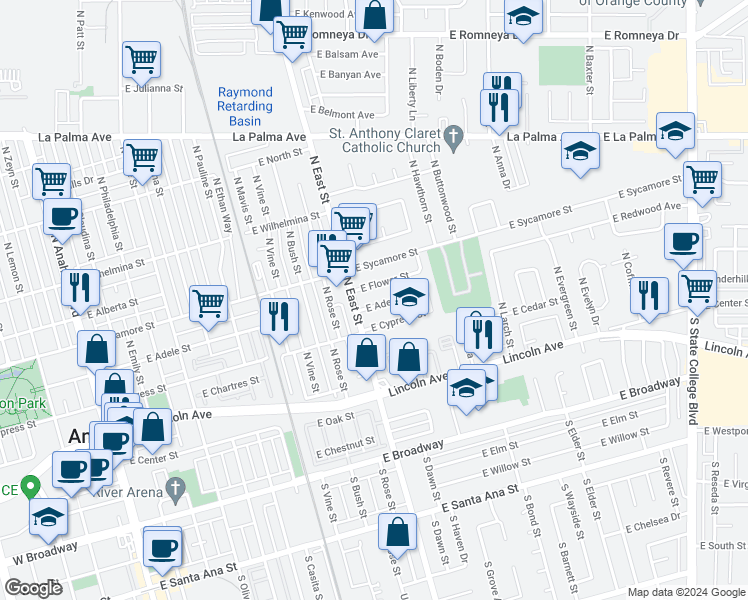 map of restaurants, bars, coffee shops, grocery stores, and more near 1219 East Adele Street in Anaheim