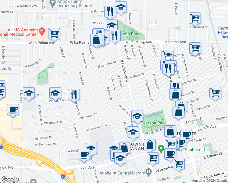 map of restaurants, bars, coffee shops, grocery stores, and more near 733 North Janss Street in Anaheim