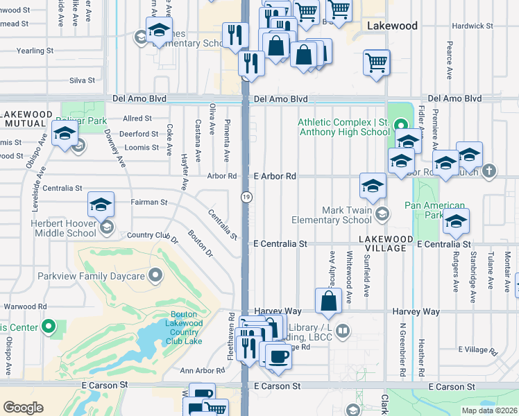 map of restaurants, bars, coffee shops, grocery stores, and more near 4601 Pepperwood Avenue in Long Beach