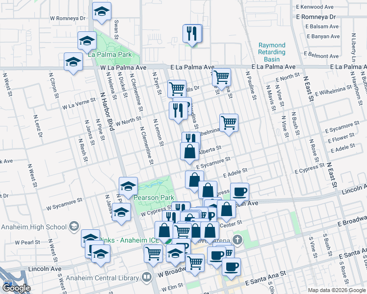map of restaurants, bars, coffee shops, grocery stores, and more near 626 North Zeyn Street in Anaheim