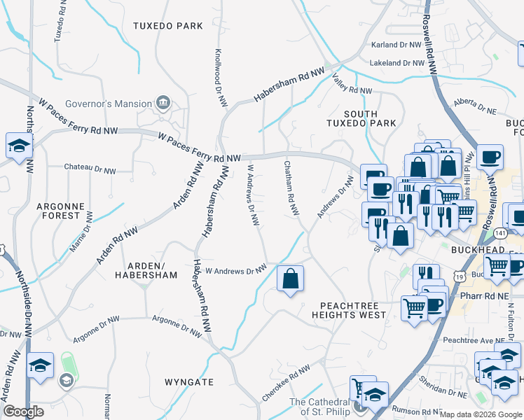 map of restaurants, bars, coffee shops, grocery stores, and more near 23 West Andrews Drive Northwest in Atlanta