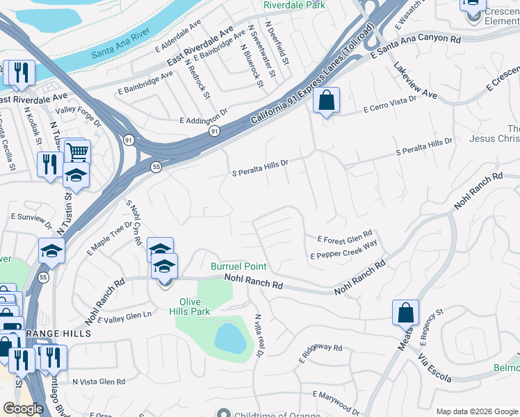 map of restaurants, bars, coffee shops, grocery stores, and more near 4425 East Valley Gate Drive in Anaheim