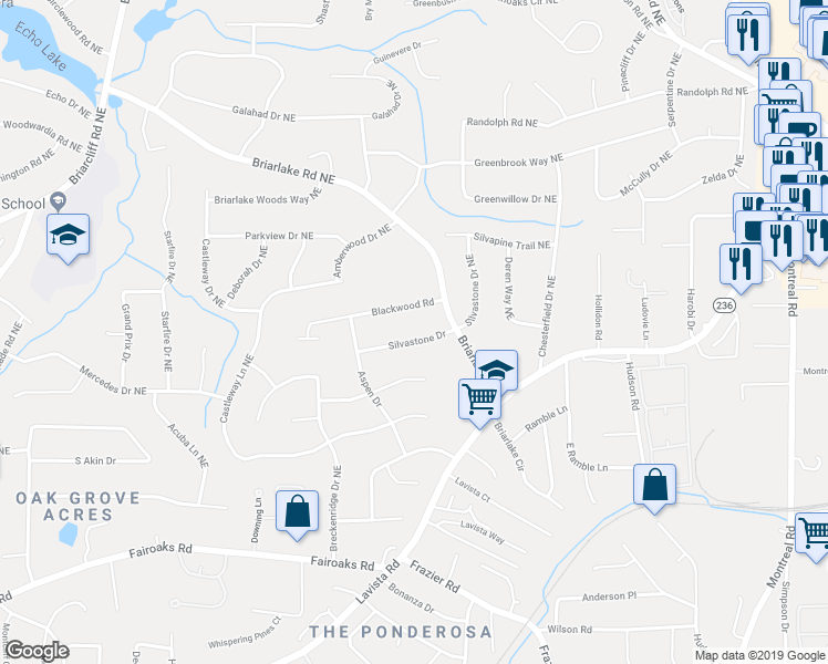 map of restaurants, bars, coffee shops, grocery stores, and more near 1928 Silvastone Dr in Decatur